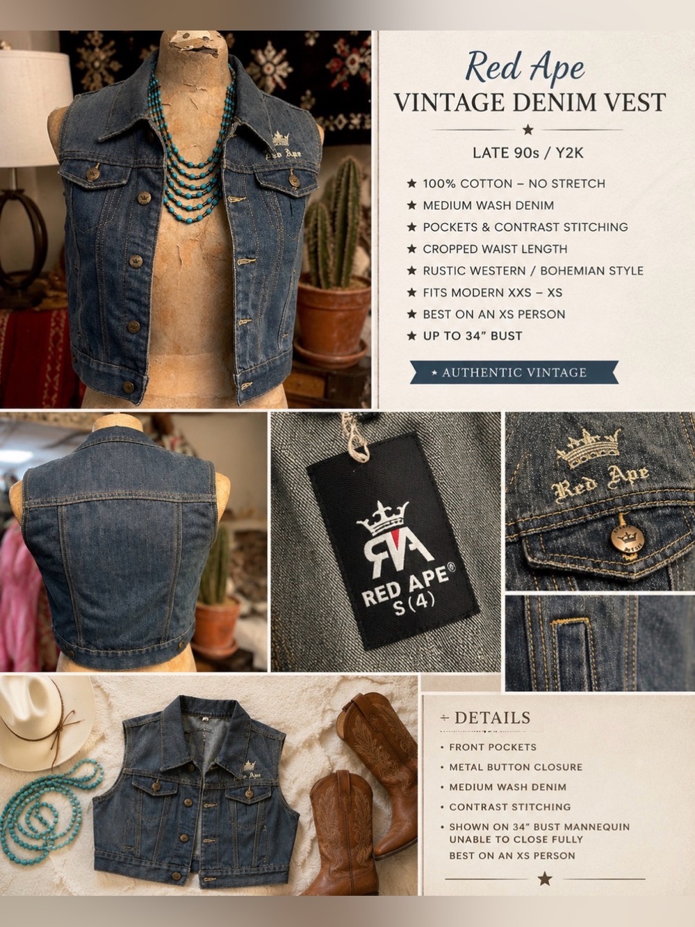Red Ape - retro denim vest - with original tags- pockets- contrast stitch - XS